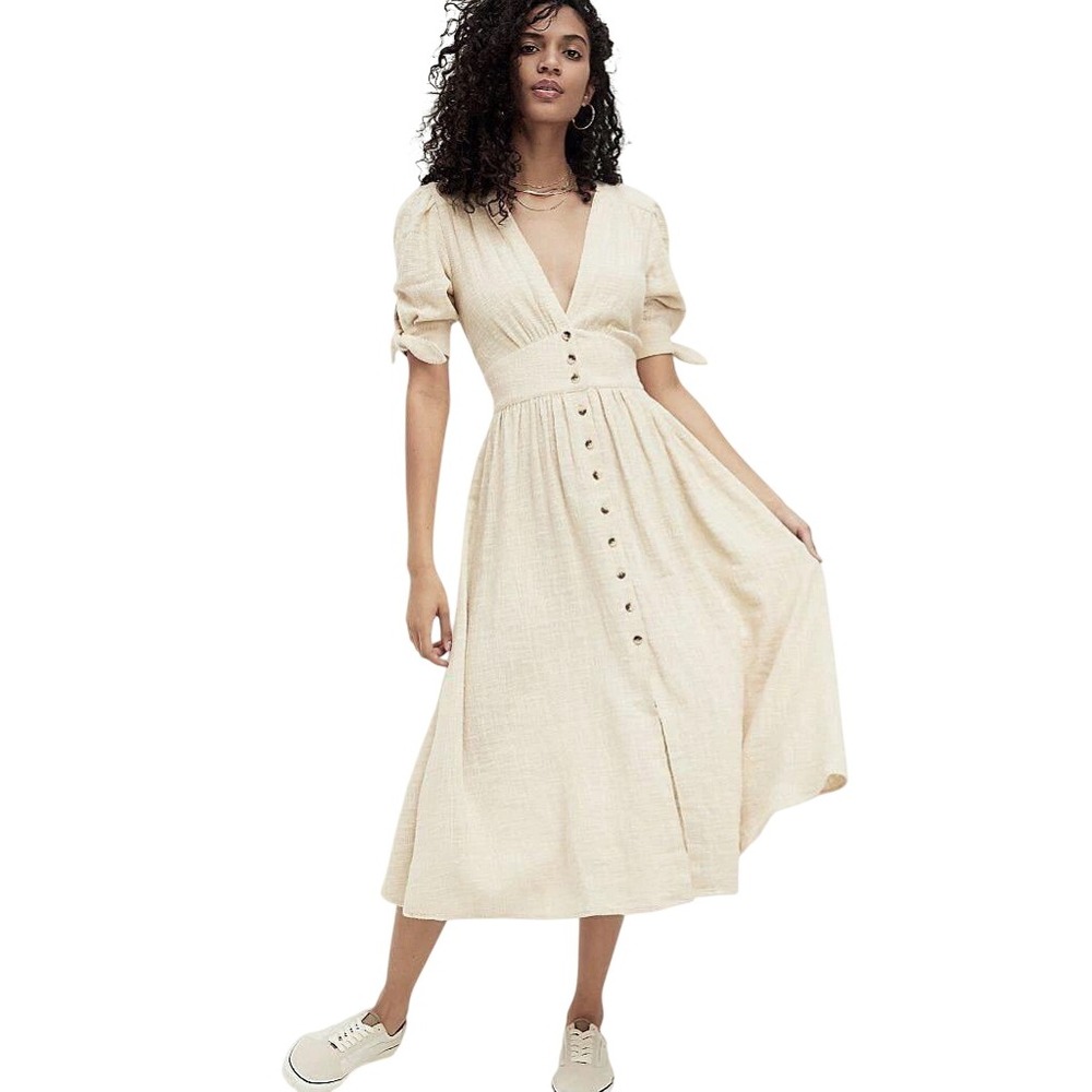 Free People Love of My Life Midi Dress Womens M Cream Cotton Gauze Boho V-Neck